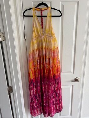 Anthropologie Ombre Yellow to Fuchsia Watercolor Maxi Dress